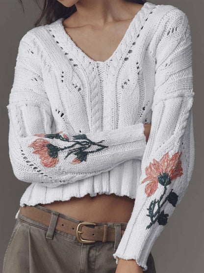 Pull en tricot pour femmes avec design floral et décolleté en V Chic und Stil