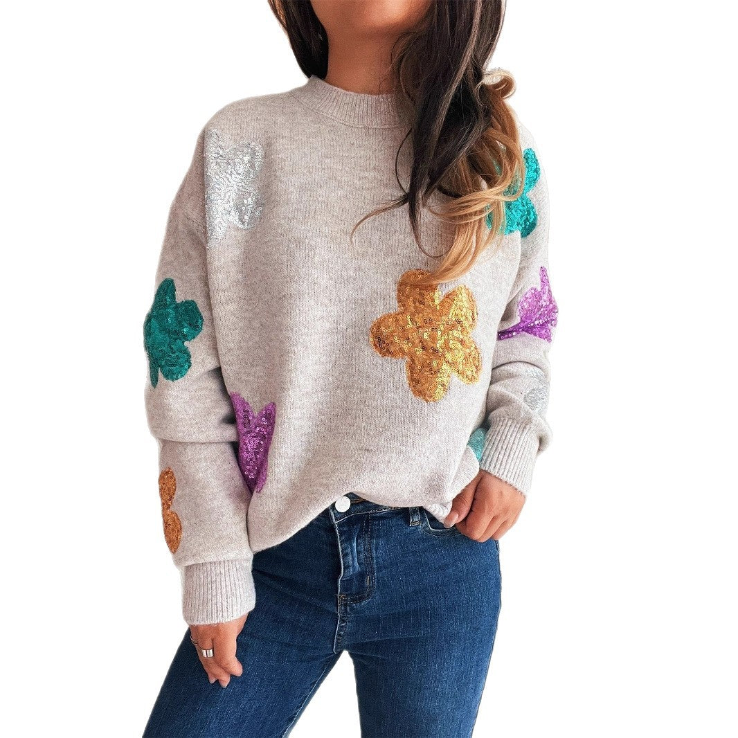 Pull en tricot pour femmes avec des fleurs scintillantes colorées Chic und Stil