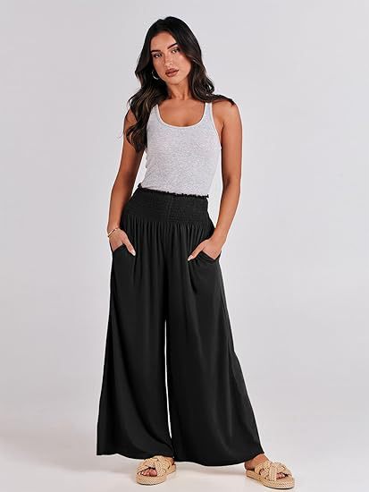Pantalon d'été large pour femmes avec taille élastique et poches latérales Chic und Stil