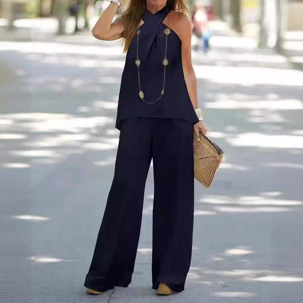 Dames Ensemble élégant avec haut fluide et taille de pantalon ample Chic und Stil
