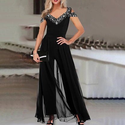 Women Elegant Chiffon Jumpsuit with Chic Sequin Top and Style