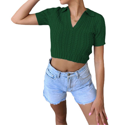 Pull court à manches courtes pour dames avec décolleté en V et structure en câble élégante Chic und Stil