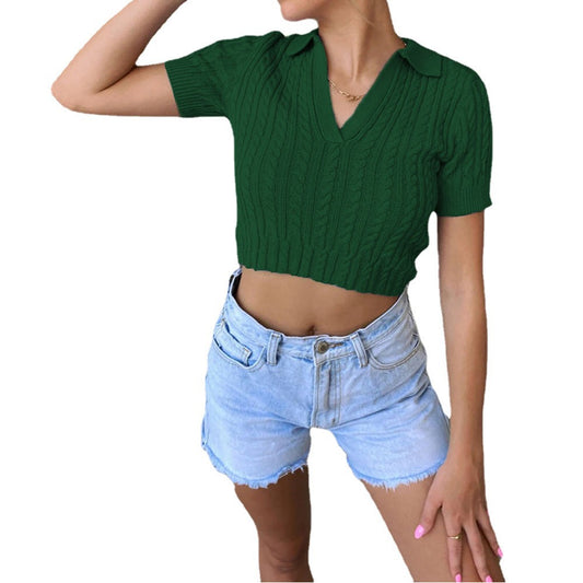 Pull court à manches courtes pour dames avec décolleté en V et structure en câble élégante Chic und Stil