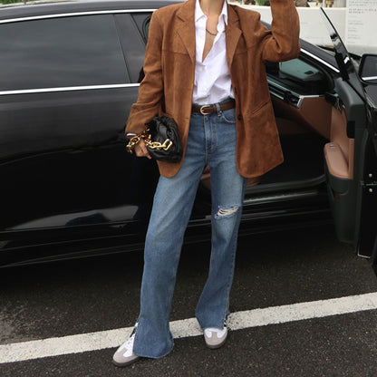Blazer en daim pour femmes au style oversized avec des détails de couture élégants Chic und Stil