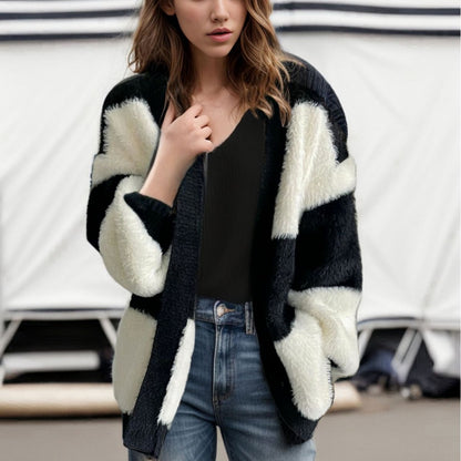 Dames Gros Tricot Cardigan avec motif rayé à la mode Chic und Stil