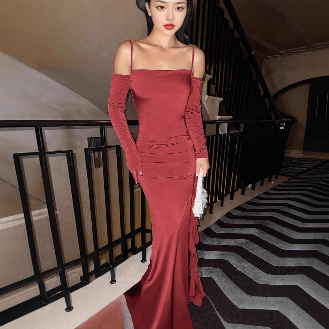 Dames Robe maxi longue élégante à manches longues avec ourlet asymétrique et détails de volants Chic und Stil