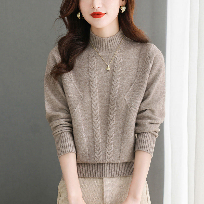 Pull femme en gros tricot avec un élégant motif torsadé et un col haut Chic und Stil