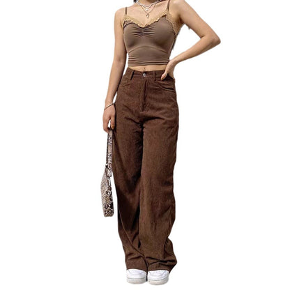 Wide corduroy pants for women with high waist and decorative side pockets Chic and Style