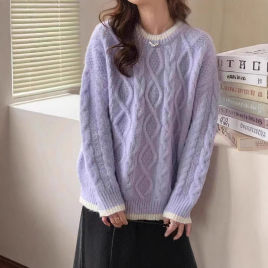 Pull en grosse maille pour femmes avec motif torsadé et finition de col contrastante Chic und Stil