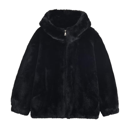 Dames Douillette et luxueuse veste en fausse fourrure avec capuche et poches pratiques Chic und Stil