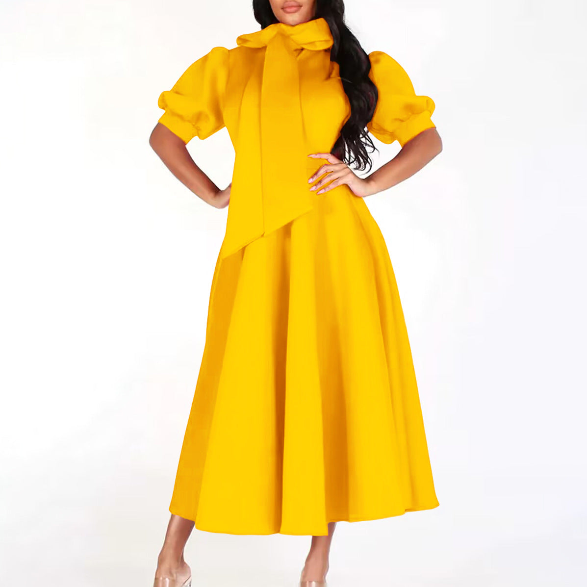 Dames Élégante Robe en A avec Col en Nœud et Manches Volantes Chic und Stil