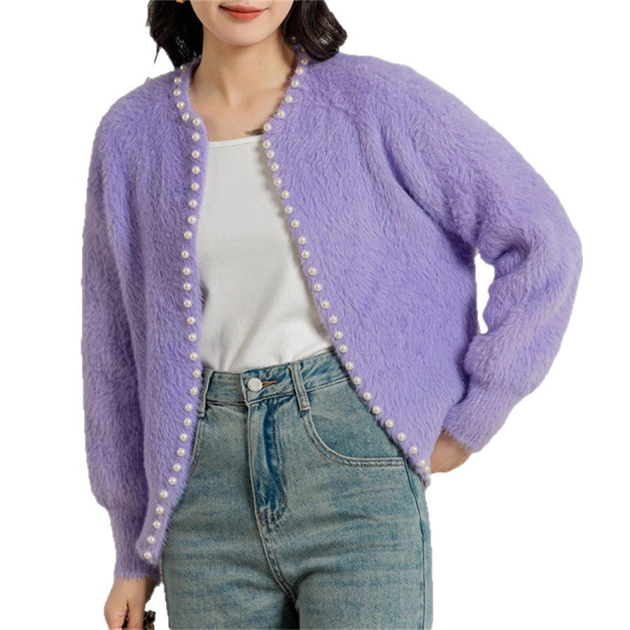 Ladies cozy pullover with pearl embellishment Chic and Style