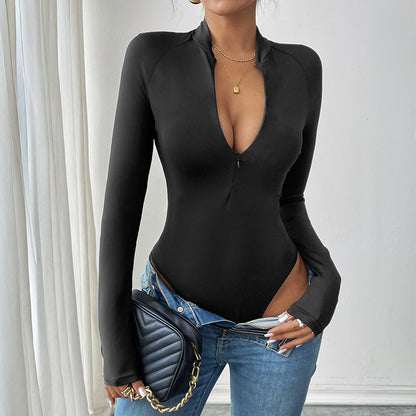 Dames à manches longues bodys avec un décolleté en V attrayant et une fermeture éclair Chic und Stil