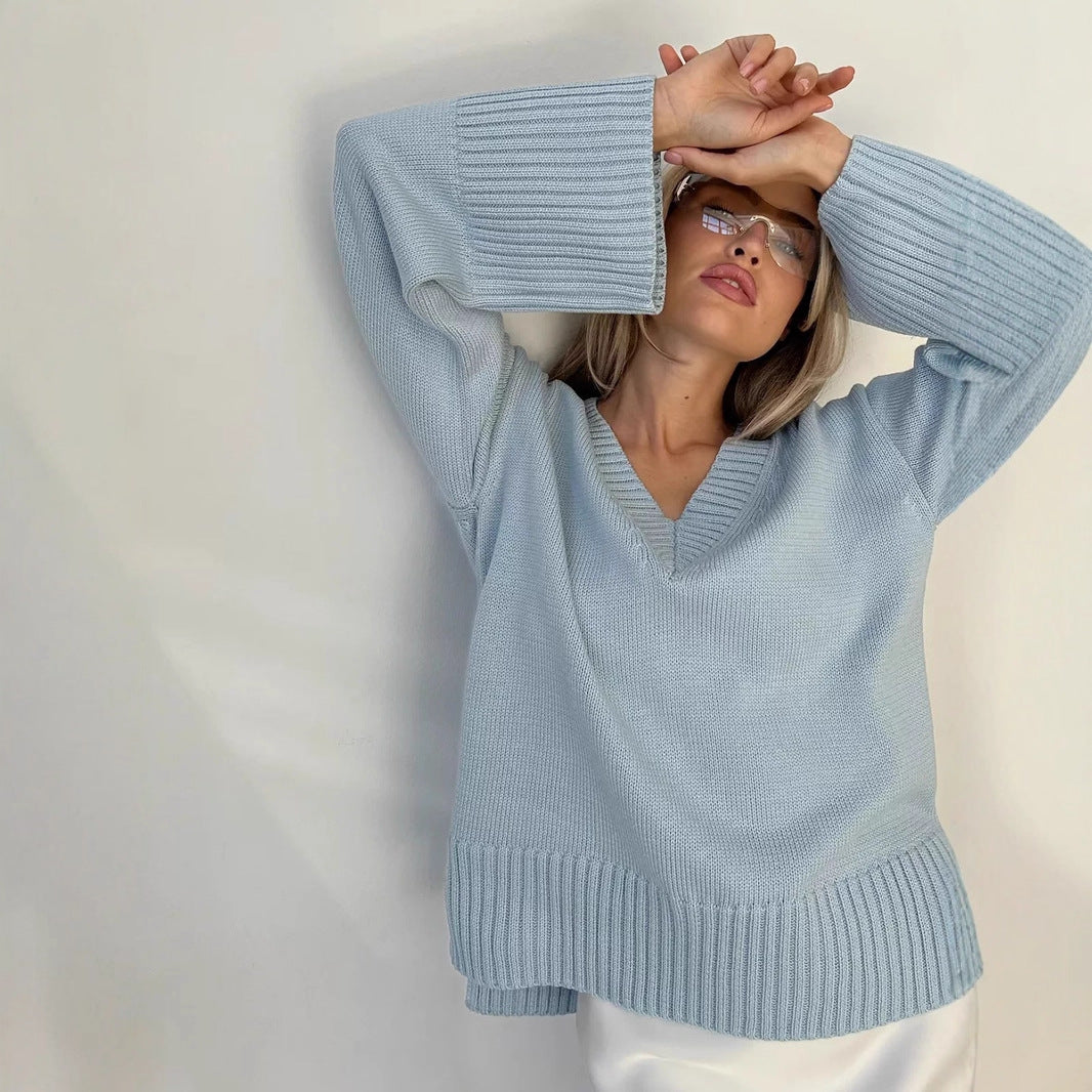 Dames élégant pull à col en V Chic und Stil