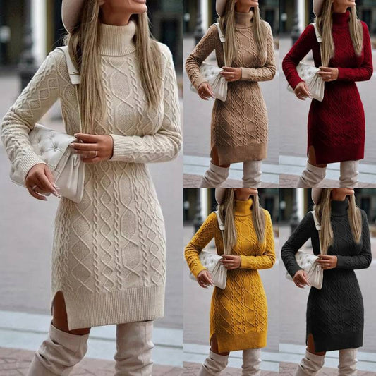 Robe en tricot élégante pour dames avec col roulé de haute qualité et fente latérale Chic und Stil