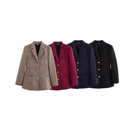 Blazer à carreaux pour femmes avec détails de boutons dorés Chic und Stil