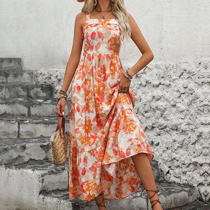 Robe maxi florale à volants pour femmes avec bretelles spaghetti réglables Chic und Stil