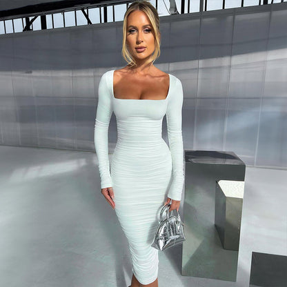 Robe longue ajustée à manches longues pour femmes avec décolleté carré Chic und Stil