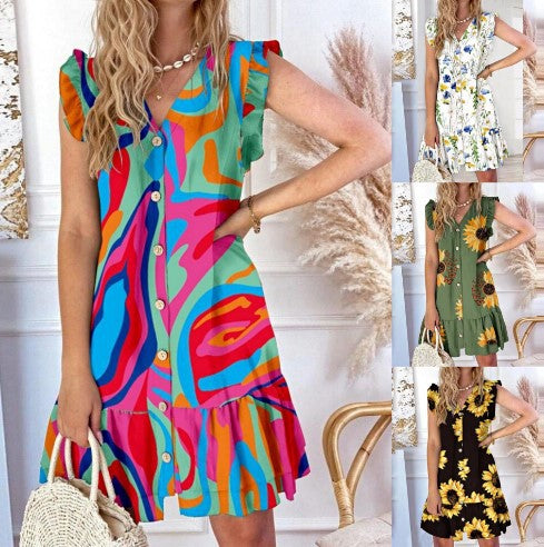 Robe d'été décontractée à bouton pour femme avec des manches évasées Chic und Stil