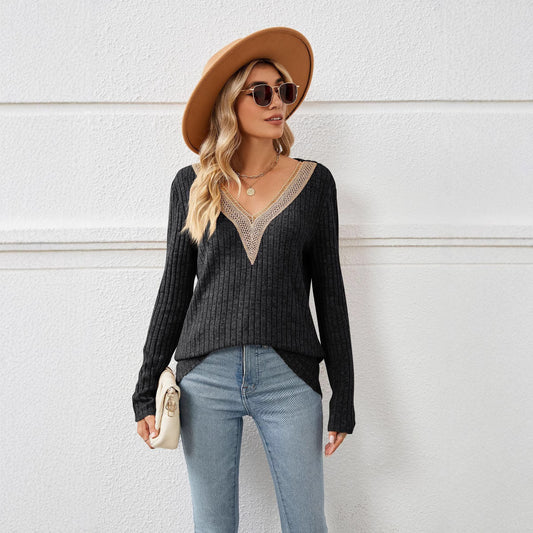 Pull en tricot pour femmes avec encolure en V et dentelle romantique Chic und Stil