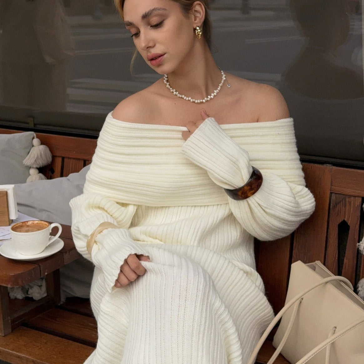 Dames Élégant Robe Maxi en Tricot avec Design Sans Épaules Chic und Stil