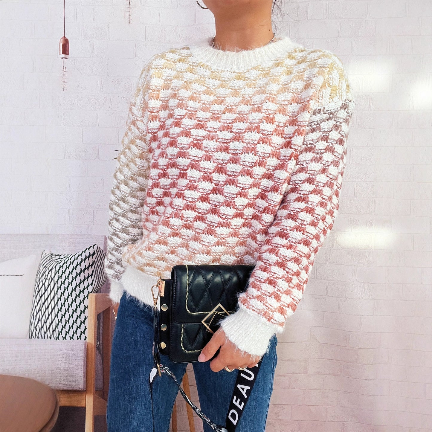 Pull en tricot à motif à carreaux tendance pour femmes Chic und Stil