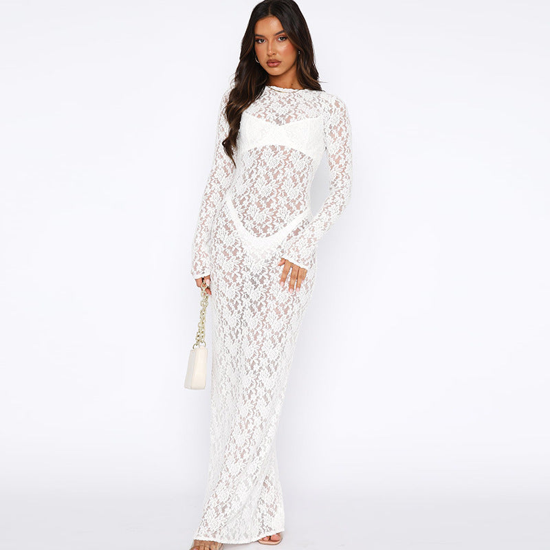 Dames Élégant Maxi Robe en Dentelle à Manches Longues avec Accents Transparents Chic und Stil