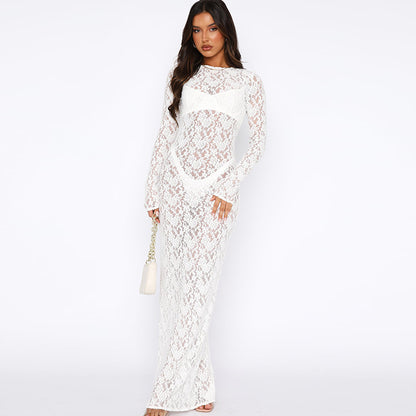 Dames Élégant Maxi Robe en Dentelle à Manches Longues avec Accents Transparents Chic und Stil