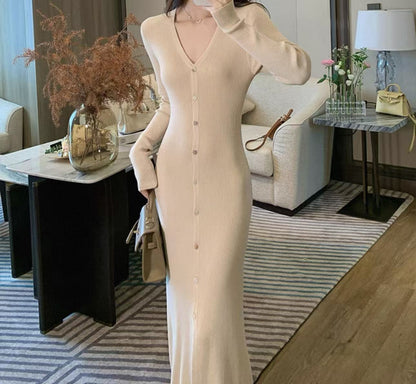 Dames Élégant Maxi Robe avec Détails de Bouton et Décolleté en V Chic und Stil