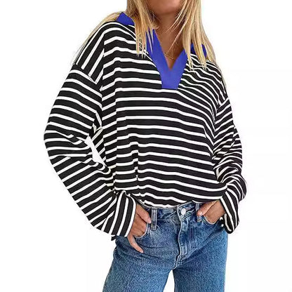 Pull d'été décontracté à rayures pour femmes avec décolleté en V et manches longues Chic und Stil