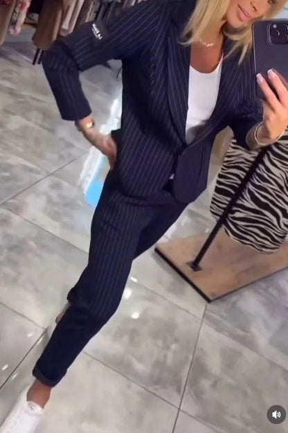 Women Elegant Blazer Set with Striped Pattern and Fitted Pants Chic and Style