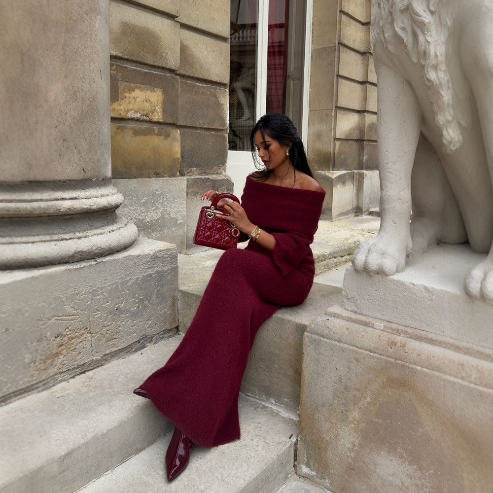 Robe maxi en tricot pour femmes avec décolleté off-shoulder et manches volumineuses Chic und Stil