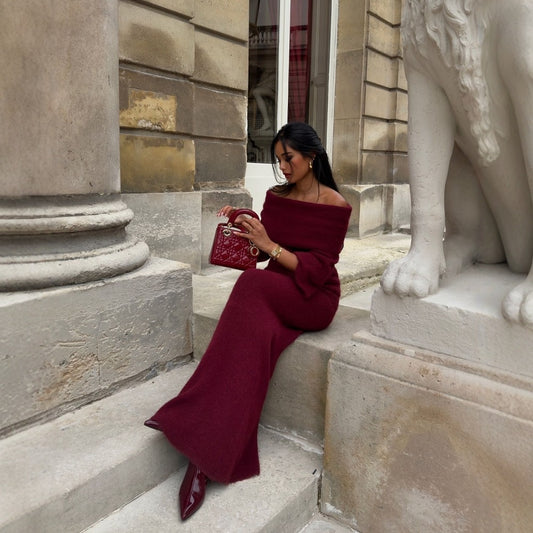 Robe maxi en tricot pour femmes avec décolleté off-shoulder et manches volumineuses Chic und Stil