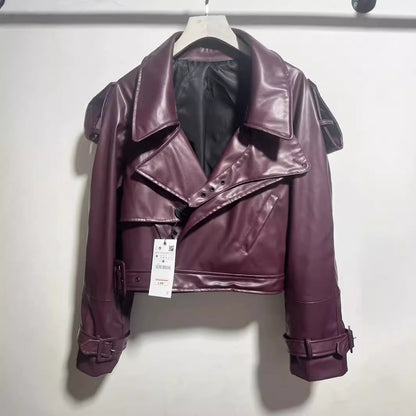 Cool cropped faux leather jacket for women with asymmetric collar and trendy design Chic and Style