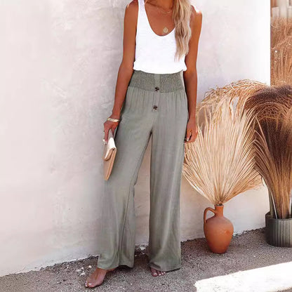Women's wide-leg linen pants with elastic waistband and button details Chic and Style