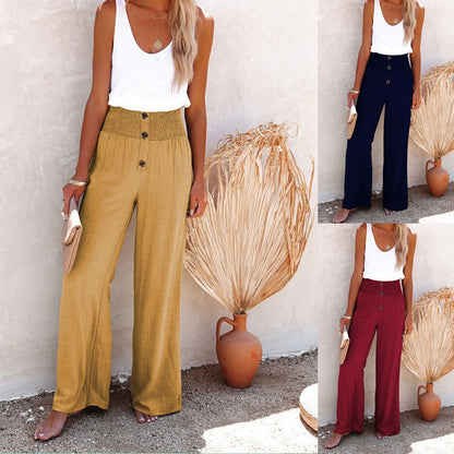 Ladies Elegant Wide Leg Trousers with Button Tab and High Waist Chic and Style