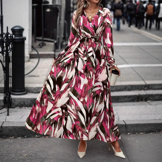 Dames Élégante Robe Maxi avec Imprimé Floral et Ceinture Chic und Stil