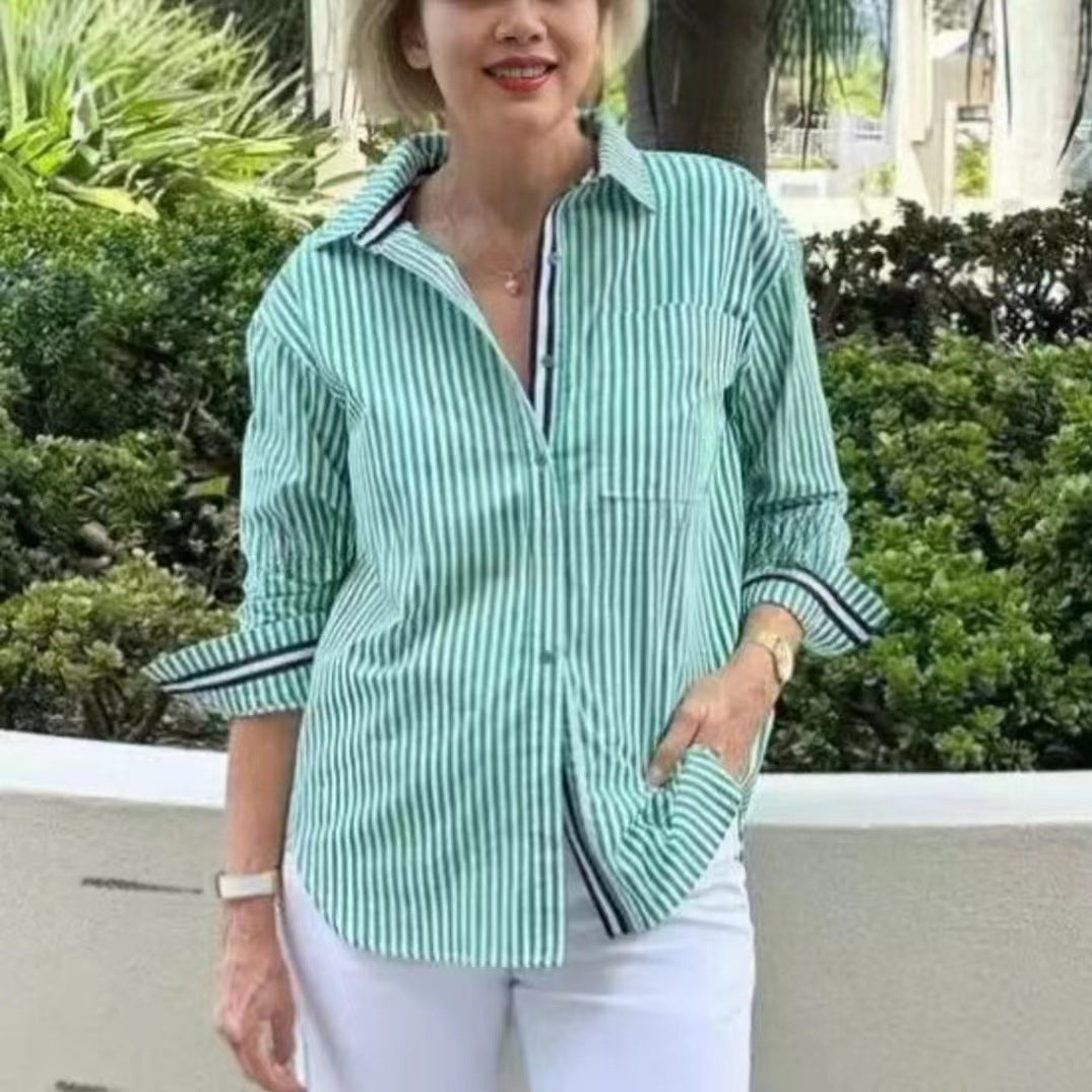 Blouse à manches longues rayée pour femmes avec patte de boutonnage cachée et coupe ample Chic und Stil