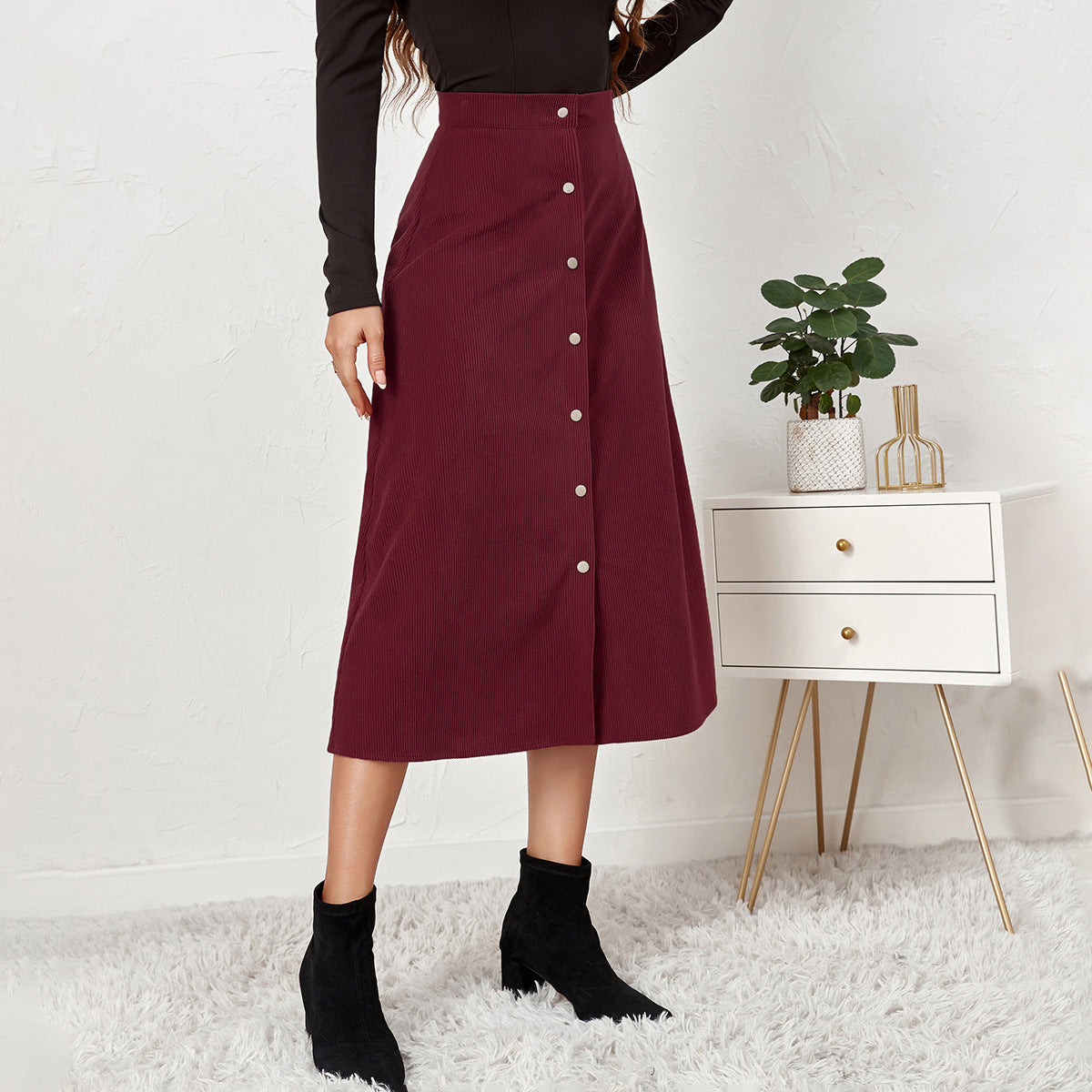 Long corduroy skirt for women with button placket Chic and Style