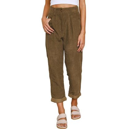 Ladies Comfortable and Elegant High-Waist Pants with a Fine Rib Pattern Chic and Style