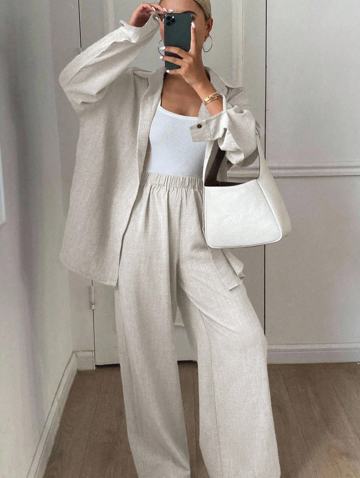 Dames élégant décontracté blouse en lin et large pantalon Chic und Stil
