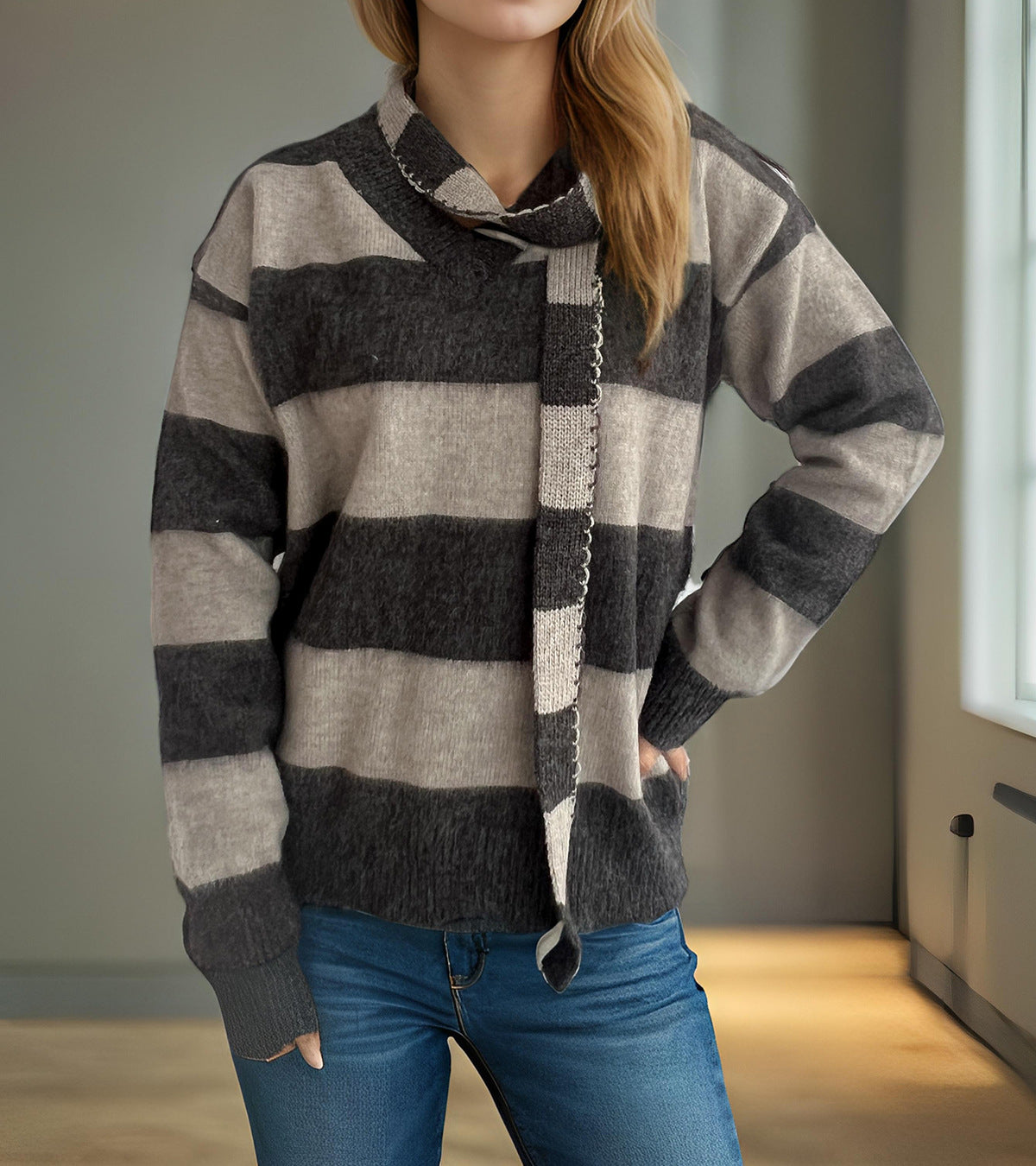 Pull-over en tricot décontracté pour femmes avec motif à rayures moderne et écharpe décorative Chic und Stil