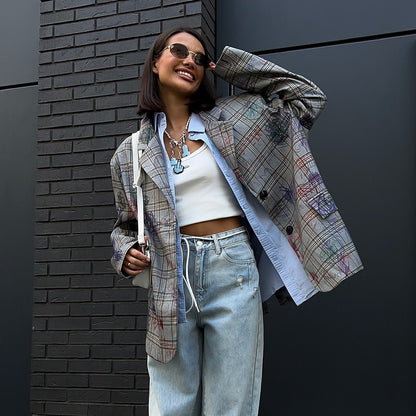 Dames Blazer à carreaux tendance avec ceinture à la taille et coupe décontractée Chic und Stil