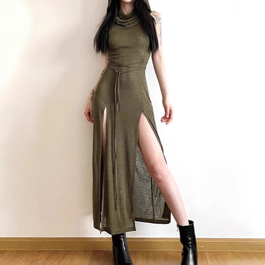 Dames Élégante Robe Maxi avec Haute Fente et Capuche Chic und Stil