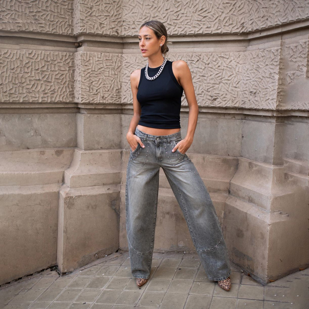 Ladies loose denim pants with jewelry details Chic and Style