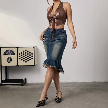 Jupe en jean pour femmes avec volant tendance et ourlet frangé Chic und Stil