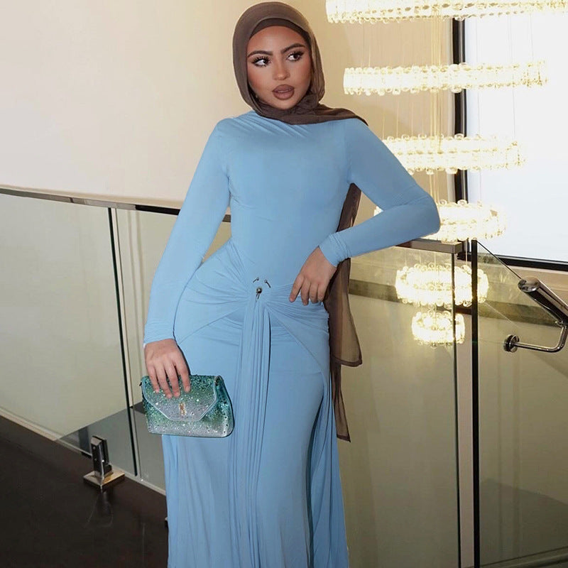 Dames Élégante Robe Maxi avec Détails Drapés et Manche Longue Chic und Stil