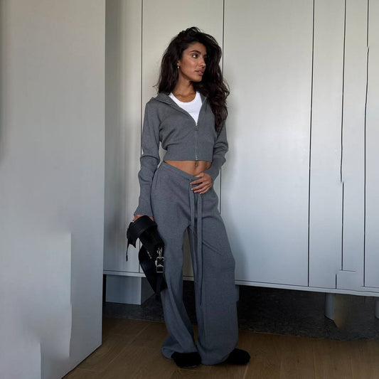 Fashion knit outfit for women with casual jacket and wide pants Chic and Style