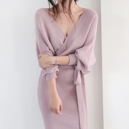 Robe en tricot pour femmes avec effet drapé et ceinture à boutons Chic und Stil