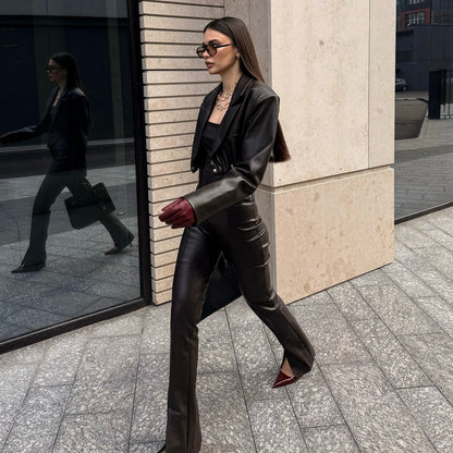 Elegant leather jacket for women with trendy blazer and slim pants